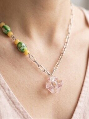 #280 HAND CRAFTED Necklace handcrafted handmade Orchid Resin Yellow Green